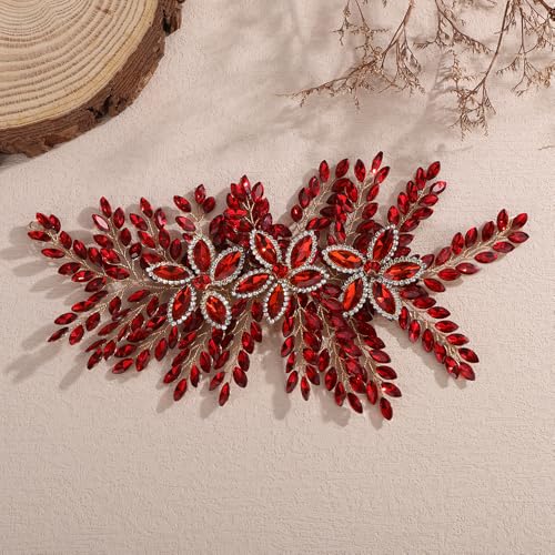 Teyglen Large Full Rhinestone Headband Flower Crystal Bride Wedding Headband Hair Vine Bridal Rhinestone Headpiece Wedding Hair Accessories for Women Party Prom (Red) - color: Red