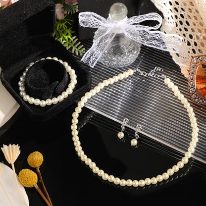 3 Pcs Pearl Jewelry Set Faux Pearl Clip on Earring Necklace Bracelet for Women Bridesmaid Birthday Wedding Gift - color: Beige, size: 8 mm