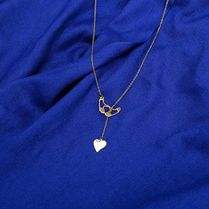 18K Gold Plated Stainless Steel Bee Honeycomb Pendant Necklace, Adjustable Y Lariat Conch/Guitar/Horseshoe Necklace for Women - color: Gold, style: Hand in Hand Heart