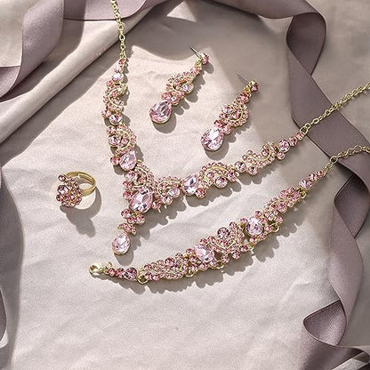 EVER FAITH Rhinestone Crystal Bridal Floral Wave Teardrop Necklace Earrings Set - color: 4pcs_Pink