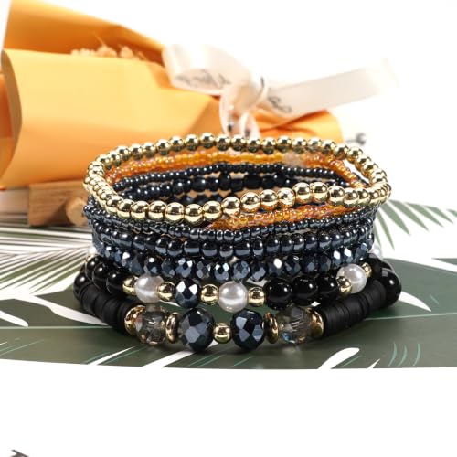 7Pcs Bohemia Multilayer Stackable Crystal Beaded Bracelet Set Multicolor Surfer Heishi Clay Gold Beaded Friendship Stretch Bracelets for Women Men Summer Beach Boho Vacation Jewelry Gifts - color: Z-Black