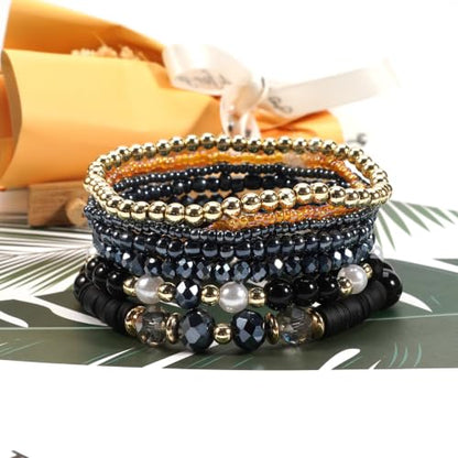 7Pcs Bohemia Multilayer Stackable Crystal Beaded Bracelet Set Multicolor Surfer Heishi Clay Gold Beaded Friendship Stretch Bracelets for Women Men Summer Beach Boho Vacation Jewelry Gifts - color: Z-Black