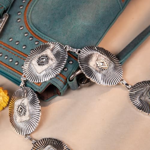 Montana West Rustic Couture's Turquoise Western Concho Chain Belt for Women | Large Western Cowgirl Metal Adjustable Boho Body Chain Belt for Dresses Jeans Country Concert - color: Bright Silver