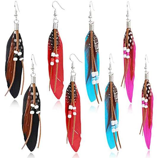 Feather Earrings for Women Vintage Bohemian Earrings Long Drop Dangle Earrings Feather Tassel Mesh Pendant Earrings Boho Fashion Personalized Flowing Lightweight Earrings Statement Unique Feather Earrings Handmade Jewelry - color: 4 Pairs Earrings