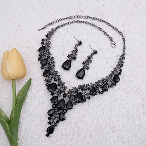 CSY Elegant Crystal Costume Jewelry Sets Flower Bridal Necklace Earrings Stretch Bangle Set for Bride Bridesmaid Wedding Dress Accessories - color: black