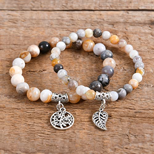 YGLINE Tree of Life Yoga Healing Stone Bracelets,Multilayer Lotus Chakra Stone Reiki Bracelet Sets,Anxiety Crystal Natural Stone,for Women Stress Relief - color: Agate-2w