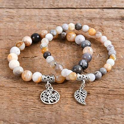 YGLINE Tree of Life Yoga Healing Stone Bracelets,Multilayer Lotus Chakra Stone Reiki Bracelet Sets,Anxiety Crystal Natural Stone,for Women Stress Relief - color: Agate-2w