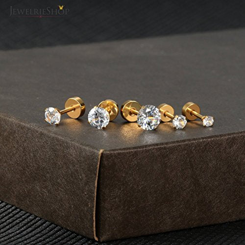 JewelrieShop Cartilage Tragus Earring Stainless Steel Stud Piercing Earring Flat Back Earrings Stud Flatback Screw Back Earrings for Women Men (16G, 6mm Bar Length, 3mm-7mm CZ, 5 Pairs) - color: 03. Gold with Clear White CZ
