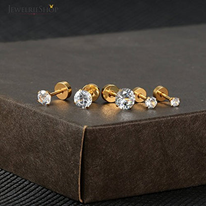 JewelrieShop Cartilage Tragus Earring Stainless Steel Stud Piercing Earring Flat Back Earrings Stud Flatback Screw Back Earrings for Women Men (16G, 6mm Bar Length, 3mm-7mm CZ, 5 Pairs) - color: 03. Gold with Clear White CZ