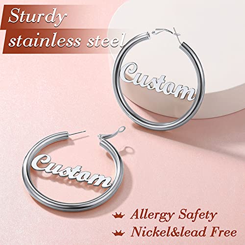 FindChic Hoop Earrings for Women, Silver/Black/14K Gold Plated Hypoallergenic Hollow Round Tube Loop Earrings, 20mm/30mm/40mm/60mm/80mm Chunky Hoops with Custom Name Options & Gift Box - color: e.Silver (Custom Name), size: 60MM