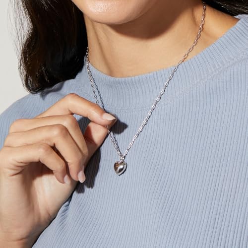 Ana Luisa Lev Puffy Heart Necklace for Women - Paperclip Chain w/ 14K Gold Plated & Silver Rhodium Plated Small Puffed Heart Pendant - Hypoallergenic, Water-Resistant, Tarnish-Free Jewelry - style: Paperclip Chain - Silver