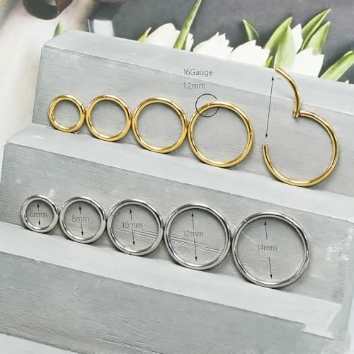 16Gauge earrings nosering clicker hoop Hypoallergenic body piercing ring | 6-14mm/6-12mm/Stainless Steel Gold/Silver,Septum Rings Hinged Clicker, Helix Cartilage Daith Tragus,Sleeper Hoop,Piercing - color: 16G 6-8-10-12-14mm Gold&Silver