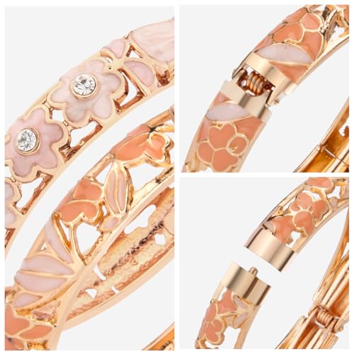 UJOY Cloisonne Bracelet Lotus Flower Plated Cuff Bangle Enameled Jewelry Bracelets Gift for Women Pack in Case 88B16 - color: 2 Pcs/Set-Pink