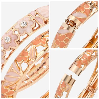 UJOY Cloisonne Bracelet Lotus Flower Plated Cuff Bangle Enameled Jewelry Bracelets Gift for Women Pack in Case 88B16 - color: 2 Pcs/Set-Pink