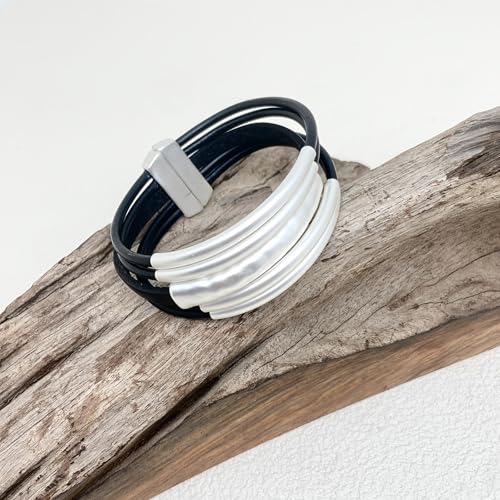 Bracelets for Women Leather Bracelet Multi-Layer Rope Wrap Bangle 14k Gold Plated Cirle Hollow Tube Boho Cuff Bangle Bracelets for Women Gift - style: Tube-Black Leather Bracelet(Silver)