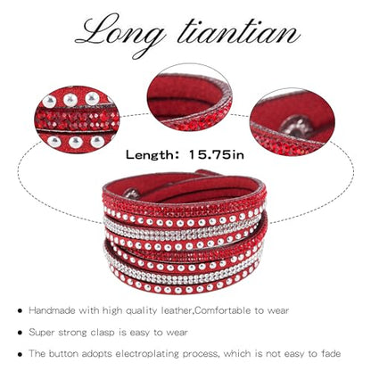 Long tiantian Leather Wrap Bracelets for Women Boho Multi Layered Bracelets Western Jewelry Hot Pink Accessories Birthday Gifts - color: red