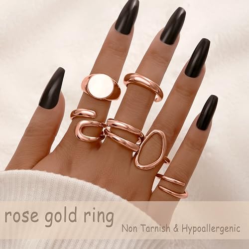 FAXHION 12PCS Gold Stackable Rings Set for Women, 18K Gold Plated Open Stacking Knuckle Ring, Adjustable Chunky Signet Band Statement Ring for Gift - color: 1-Rose-12pcs