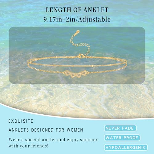 Sterling Silver Ankle Bracelets for Women 14k Gold Plated Waterproof Layered Stackable CZ Charm Non Tarnish Adjustable Anklet for Summer Beach Birthday Jewelry Gift - color: goldB