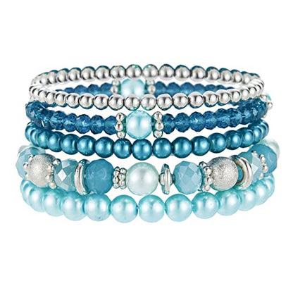 Noessla Beaded Pearl Stretch Bracelet Silver Stackable Crystal Beads Bracelets Trendy Costume Jewelry Mothers Day Gifts for Women - color: Turquoise