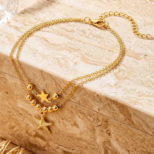 Sea Shell Starfish Anklet with Pearl Charms, Layered Heart Beach Statement Chunky Ankle Bracelet, Gold Tone Chain - color: Gold B