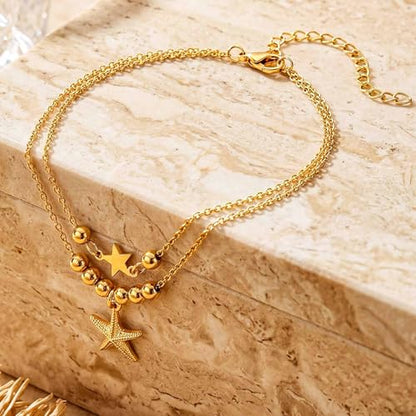 Sea Shell Starfish Anklet with Pearl Charms, Layered Heart Beach Statement Chunky Ankle Bracelet, Gold Tone Chain - color: Gold B