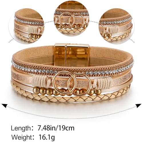 Leopard Bracelet for Women, Boho Leather Wrap Multi-Layer Pearl Crystal Bracelet Bangle Jewelry - color: Double Circle(Khaki)
