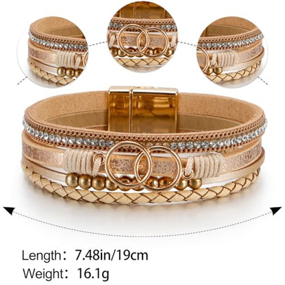 Leopard Bracelet for Women, Boho Leather Wrap Multi-Layer Pearl Crystal Bracelet Bangle Jewelry - color: Double Circle(Khaki)
