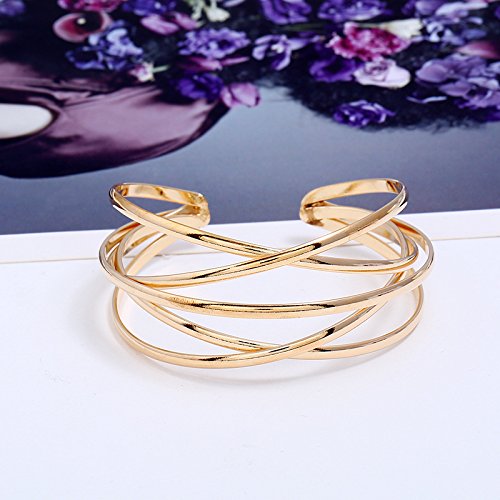 Boho Chunky Cuff Bracelet for Women,Gold/Silver/Rose gold Multi-layer Cross Wire Bangle Bracelets Open Adjustable Wide Cuff Bracelet Fashion Statement Jewelry - color: Rold