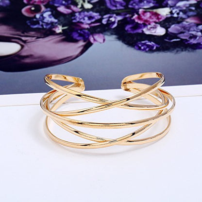 Boho Chunky Cuff Bracelet for Women,Gold/Silver/Rose gold Multi-layer Cross Wire Bangle Bracelets Open Adjustable Wide Cuff Bracelet Fashion Statement Jewelry - color: Rold