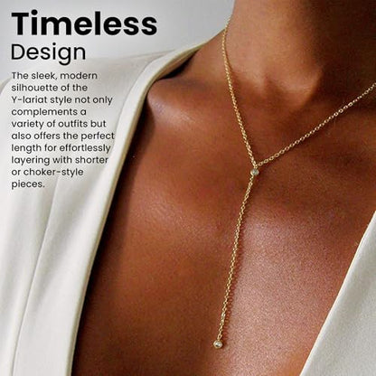 Faire de la Mode Dainty Drop Lariat Necklace for Women, 16" to 18" Adjustable Length Double CZ Lariat Y Necklace - color: Gold