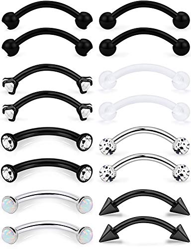 Eyebrow Ring Bar 16G Stainless Steel Curved Barbell Clear Diamond CZ Piercing Body Jewelry Retainer for Women Men 12-16 Pieces - color: 16Pcs-16G-Black