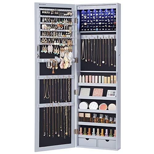 SONGMICS 6 LEDs Mirror Jewelry Cabinet, 47.2-Inch Tall Lockable Wall or Door Mounted Jewelry Armoire Organizer with Mirror, 2 Drawers, 3.9 x 14.6 x 47.2 Inches, Gray UJJC93GY - color: Gray, size: 47.2"H