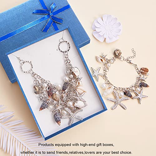 PH PandaHall Mermaid Jewelry Accessories for Women, Starfish Necklace Bracelet Boho Seashell Jewelries Ocean Beach Bib Statement Necklace Earrings for Summer Cosplay Holiday (Platinum) - color: bracelet & necklace & earrings + Gift Box
