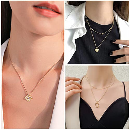 IFKM Gold Plated Jewelry Set for Women,14k Gold Plated Multi Layer Necklaces Stackable Bangle Bracelets Stackable Knuckle Rings Hoop Earrings Set Anniversary Trendy Elegance Charms Anniversary Birthday Jewelry Gift - color: Gold