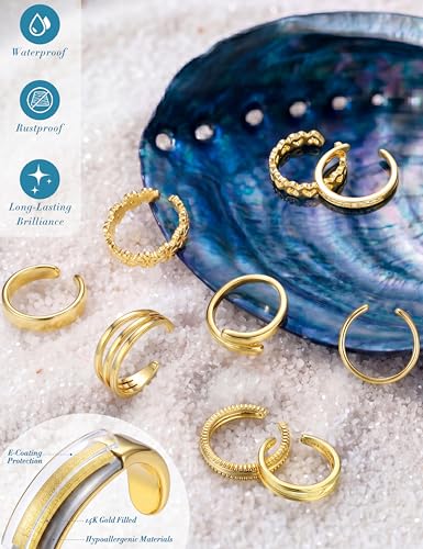 FASACCO 9Pcs 14K Gold Filled Toe Rings Non Tarnish Toe Rings for Women | Adjustable Open Band Ring, Silver Plated Toe Ring, Waterproof Summer Beach Foot Jewelry - color: 14K Gold-Row