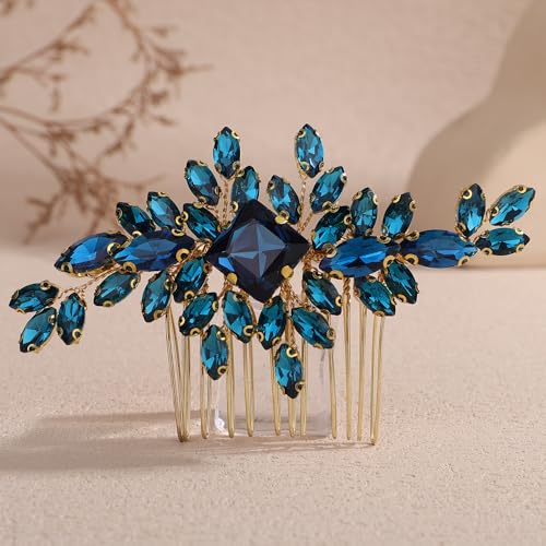 Square Rhinestone Hair Comb Silver Gold Rhinestone Wedding Headpiece Handmade Crystal Bridal Hair Comb Bridal Hairpiece for Brides Bridesmaid (gold peacock blue) - color: gold peacock blue