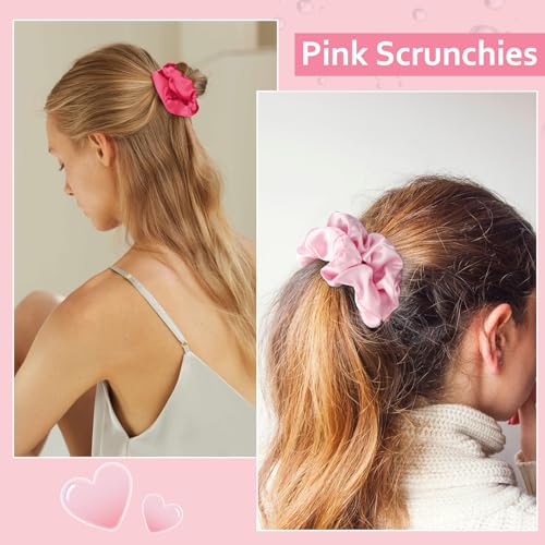 Satin Scrunchies Set of 12 - Elastic Silk Bubble for Girls, Pink Hair Accessories and Valentine's Day Gifts - color: Pink