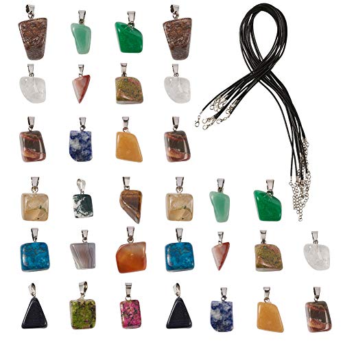 FASHEWELRY 48Pcs Irregular Nugget Shaped Chakra Stone Pendants Healing Crystal Gemstone Charms with 10Pcs Black Waxed Cotton Necklace for DIY Jewelry Making - color: 5-Mixed Color-Nugget with Cord