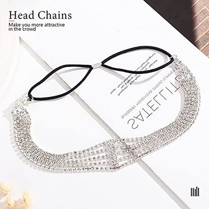 Jeairts Rhinestone Head Chain Forehead Bridal Headband Elastic Crystal Hair Band Halloween Prom Hair Jewelry for Women - color: 1-Silver