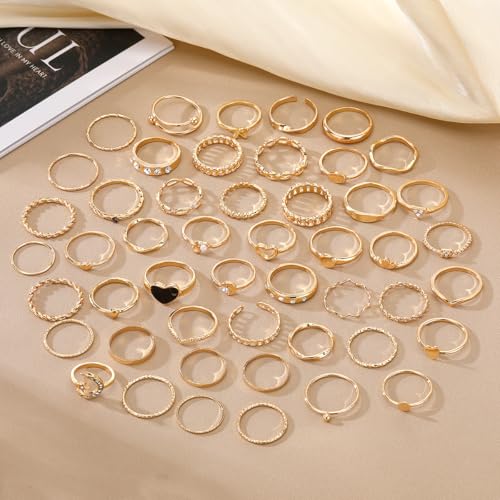 Golden Knuckle Rings Set for Women, 14k Golden Plated Open Stacking Knuckle Midi Rings Dainty Cubic Zirconia Crystal Simple Hollow Cute Rings Pack Jewelry Gifte - color: Golden 49PCS