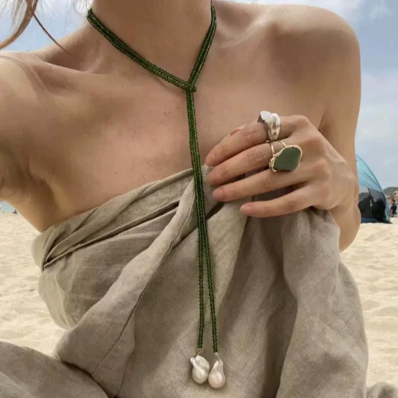 Long Green Beaded Lariat Necklace for Women Slip Tie Adjustable Wrap Around Black Beads Choker Baroque Long Pearl Drop Pendant Y Shaped Lariat Necklace Jewelry - color: Green