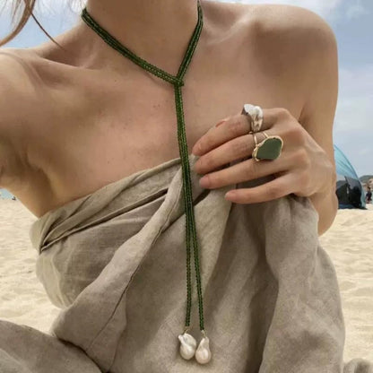 Long Green Beaded Lariat Necklace for Women Slip Tie Adjustable Wrap Around Black Beads Choker Baroque Long Pearl Drop Pendant Y Shaped Lariat Necklace Jewelry - color: Green