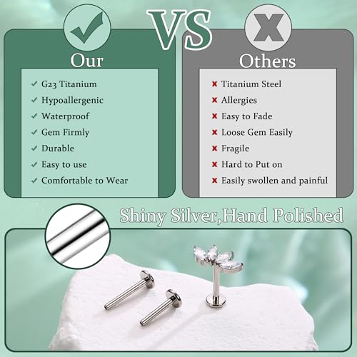 LOLIAS 16G G23 Titanium Tragus Conch Helix Piercing Jewelry 6mm 8mm 10mm - Internally Threaded Flat Back Stud Cartilage Earrings Hypoallergenic Forward Earlobe Labret Tragus Piercing Jewelry - color: 4 Leaf-Titanium