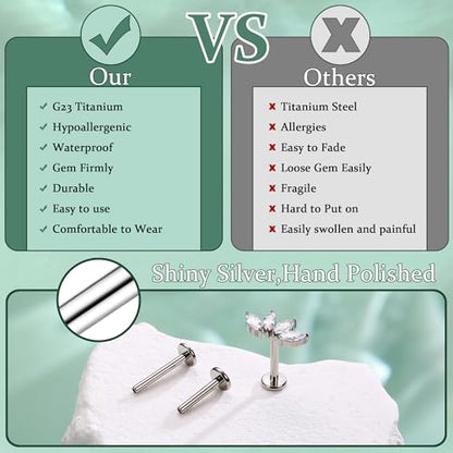 LOLIAS 16G G23 Titanium Tragus Conch Helix Piercing Jewelry 6mm 8mm 10mm - Internally Threaded Flat Back Stud Cartilage Earrings Hypoallergenic Forward Earlobe Labret Tragus Piercing Jewelry - color: 4 Leaf-Titanium