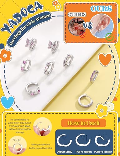 925 Sterling Silver Post Small Hoop Earrings For Girls - Hypoallergenic Huggie Earrings for Women Cute Heart Flowers Butterfly Star Cubic Zirconia Cartilage Earrings For Sensitive Ears 4Pairs - color: Pink