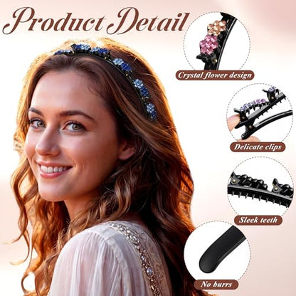 Suncalla 12 Pcs Headband with Clips Set for Women Girls, 6 Hairpin Headband, 6 Rhinestone Hair Clip, Flexible Double Layer Twist Plait Double Bangs Braided Hollow Woven Crystal Flower Hair Accessory