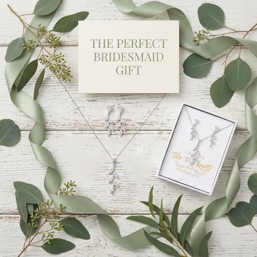 DHQH Bridesmaid Necklace Earrings Set Gifts I Couldn't Say I DO Without You Cubic Zirconia Leaf Pendant Necklace Bridesmaid Proposal Gift Set of 4 6 - color: white-leaf-6set