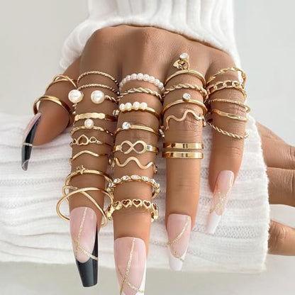 Golden Knuckle Rings Set for Women, 14k Golden Plated Open Stacking Knuckle Midi Rings Dainty Cubic Zirconia Crystal Simple Hollow Cute Rings Pack Jewelry Gifte - color: Golden 29PCS