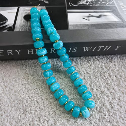 Colorful Chunky Resin Beaded Choker Necklaces for Women | Multicolor Beads, Sturdy Metal Chain, Adjustable, Detachable, Lightweight, Summer Beach Boho, Trendy Statement Jewelry Gift - color: Lake Blue