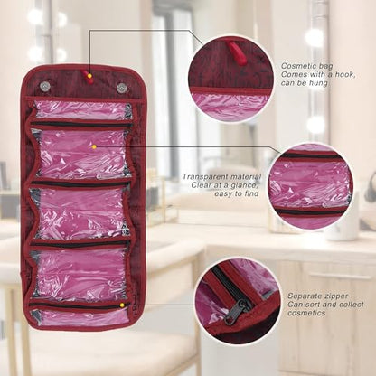 2PCS Roll up Makeup Bag, 4 in 1 Cosmetic Bag Foldable Makeup Bag Clear Makeup Organizer Bag Hanging Toiletry Bag for Women Men (Red) - color: Red